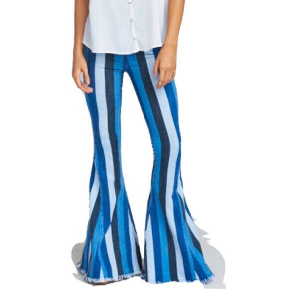 Show Me Your Mumu Berkeley Indigo Stripe‎ zip up bells in indigo Jeans Size 32 - Picture 1 of 4